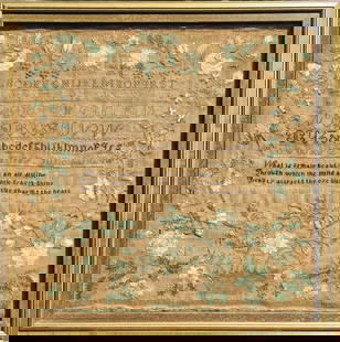 Surry, NH Sampler by Elizabeth Robinson Dated 1824: Elizabeth Maria Robinson, from Surry, NH worked this beautiful sampler at age 10. It depicts a large basket of flowers, a flowering vine border, and includes alphabets, and a verse about beauty and ch