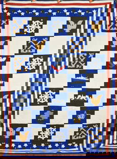 Museum Quality Patriotic WWII Navy Quilt: This OUTSTANDING cotton WWII commemorative U.S. Navy quilt is all hand pieced, hand appliqued and hand quilted, with stars, stripes, appliqued submarines, eagles, chevrons, battleship, anchors, and ot