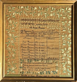 EMILY BROOKS FAMILY RECORD SAMPLER- TOWNSEND, MA 1830