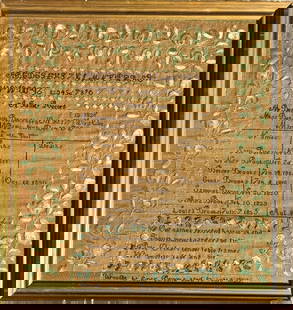 EMILY BROOKS FAMILY RECORD SAMPLER- TOWNSEND, MA 1830: Inscribed: Wrought by Emily Brooks aged 12 years 1830. Emily lost her 35-year-old father and one year old youngest sister when she was just eight years old, so knowing how fleeting life she can be, sh