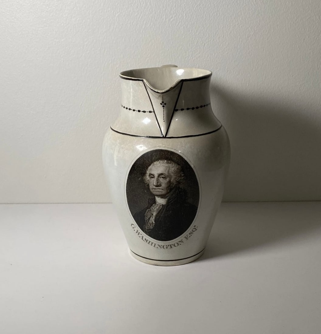 Staffordshire Creamware Herculaneum Pitcher Gilbert Stuart Portrait George Washington : Staffordshire creamware Liverpool Herculaneum pitcher with transfer of George Washington Esq. This transfer was taken from the famous Gilbert Stuart painting. It displays well with older repairs to th
