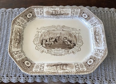 Historical Staffordshire Brown Transfer Boston Mails Steamship Platter Large Size 
