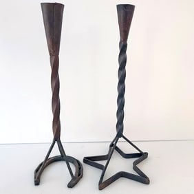 Vintage Wrought Iron Cattle Branding Tapered Candlesticks set of 2