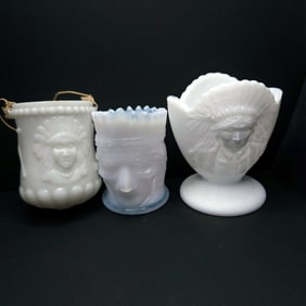 Milk Glass Match Stick Toothpick Holders Native Design 3 pcs