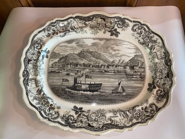 Historical Staffordshire Pittsburgh Platter Steamboat Black Transfer