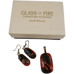 Artist made Earrings and Pendant set GLASS OF FIRE by Christine Stewart