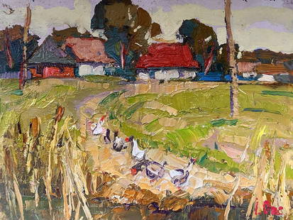 Oil painting Returning home Oksana Kalenyuk: &#8470;Kalen 1481 The painting titled "Returning Home" depicts a peaceful rural scene of a small village during the golden hour, where a flock of geese walks along a path toward a homestead. The artis