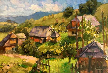 Oil painting Carpathian village Batrakov Vladimir Grigorievich: &#8470;AAA2407 *** ABOUT THIS PAINTING *** * TITLE: "Carpathian village" * ARTISTS: Batrakov Vladimir Grigorievich * SIZE: 34x50 cm/'13.38x19.68 inches' * MEDIUM: oil, cardboard * HAND PAINTED: Origin