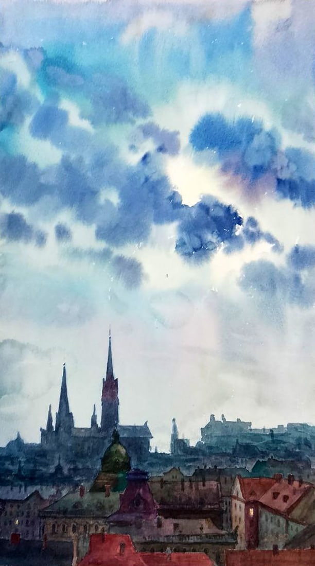 Watercolor painting Views of city street Vitaly Duhnevich: Duhn 59 "Views of City Street" by Vitaly Duhnevich captures the quiet poetry of a historic cityscape bathed in the soft light of an approaching evening. Towering spires rise above a maze of old roofto