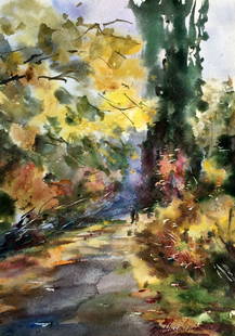 Watercolor painting With first snow Viktor Mikhailichenko: 1365 *** ABOUT THIS PAINTING *** * TITLE: "Golden Road" * ARTISTS: Viktor Mikhailichenko * SIZE: 30&#1093;21 cm/'11.81&#1093;8.26 inches' * MEDIUM: watercolor, paper * HAND PAINTED: Original painting