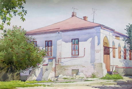 Watercolor painting House on Lermontovskaya Street Kalebets Valery: Sav 131 *** ABOUT THIS PAINTING *** * TITLE: "House on Lermontovskaya Street" * ARTISTS: Kalebets Valery * SIZE: 40x60 cm/'15.74x23.62 inches' * MEDIUM: watercolor, paper * HAND PAINTED: Original pain