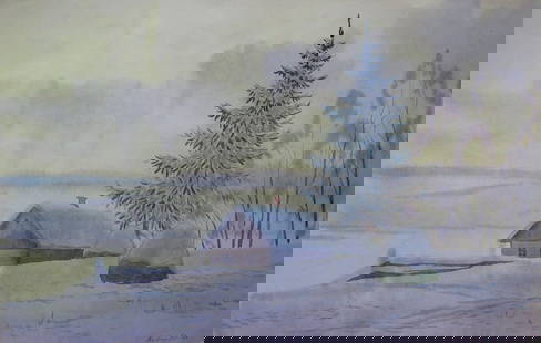 Watercolor painting January morning Kalebets Valery: Sav 183 *** ABOUT THIS PAINTING *** * TITLE: "January morning" * ARTISTS: Kalebets Valery * SIZE: 32x50 cm/'12.59x19.68 inches' * MEDIUM: watercolor, paper * HAND PAINTED: Original painting from our c