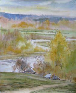 Watercolor painting Autumn yellow days Kalebets Valery: Sav 296 *** ABOUT THIS PAINTING *** * TITLE: "Autumn yellow days" * ARTISTS: Kalebets Valery * SIZE: 50x40 cm/'19.68x15.74 inches' * MEDIUM: watercolor, paper * HAND PAINTED: Original painting from ou