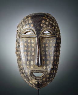 Powerful BALI wood Mask Ituri Area Ndaaka Congo African Tribal Art 1731: CONGO DR Ituri River area BEAUTIFUL MASK, Probably Ndaaka or Baali Carved wood and pigment, with half-moon eyes and mouth and decoration of painted spots all over the face A very similar mask was sold