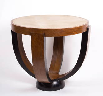 FRENCH ART DECO SIDE TABLE Dominique STYLE shagreen leather inlay: Made in the early 1930's in France this piece has base motive " swan like" which is reminding of LELEU or DOMINIQUE .It was said about French Art deco that : ...the absence of ornaments are replaced