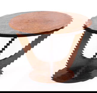 FRENCH ART DECO SIDE TABLE ovale LELEU STYLE: FRENCH ART DECO SIDE TABLE LELEU STYLE Made in the early 1930's in France this piece has base motive " swan like" which is reminding of LELEU or DOMINIQUE .It was said about French Art deco that :