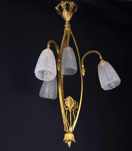 FRENCH Art-Deco Chandelier Muller gold leafed pressed glass: Made in France in the late 1920's early 1930's, this chandelier is a Muller from Luneville, hand sanded and etched after being molded.This chandelier, originating from France in the 1920s, is an unsig