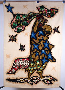 FRENCH hand silkscreen tapestry JEAN Lurcat COROT "le tapageur": Made in France in the 1950 this silkscreen tapestry reflect the democratic desire of that time to produce affordable art . Influenced by the Neo fantastic and surrealist movement Jean Lurcat tapestry