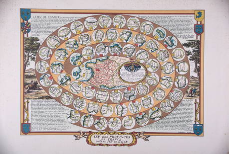 French Jeu de L'oie/ Goose game dated 1691 19th reprint: The Game of the Goose or Goose game is a board game where two or more players move pieces around a track by rolling one or two dice. The aim of the game is to reach square number sixty-three before an