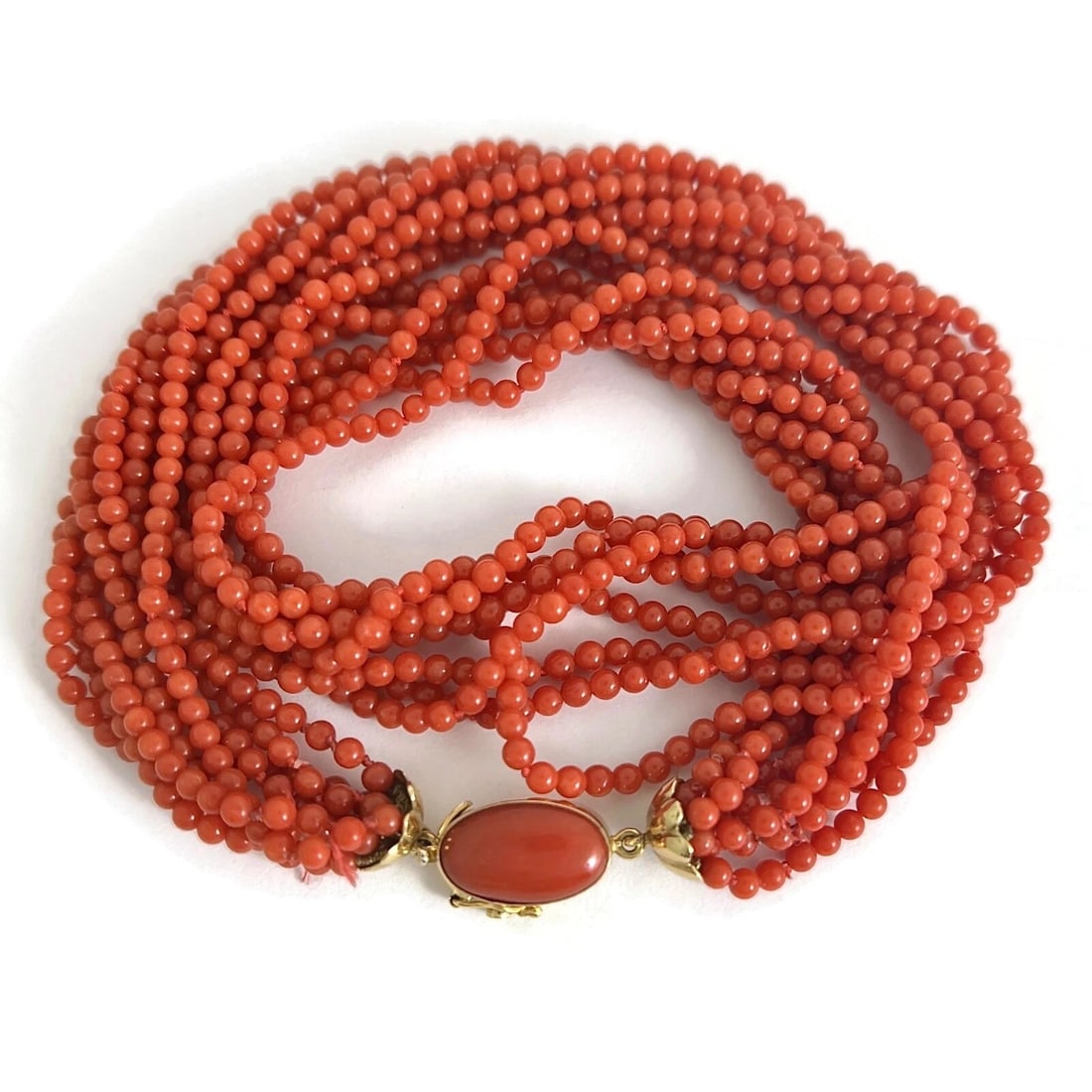 Vintage 1950's Multistrand Coral Bead Necklace 18K Yellow Gold, 45.08 Grams (1 of 7)