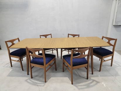 Mid Century Modern Walnut Drop Leaf Dining Table and 6 Chairs by Broyhill Brasilia - 10 Piece Set: Vintage from before 2000 Materials: wood, walnut, velvet Mid Century Modern Walnut Drop Leaf Dining Table and 6 Chairs Newly Upholstered by Broyhill Brasilia - 10 Piece Set This Mid Century Modern din