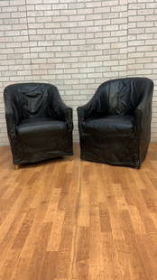 Vintage Black Italian Draped Leather Barrel Back Club Chairs by Neidermier - Pair: Vintage from the 1970sMaterials: leatherOverall width: 26.5 inchesOverall height: 34 inchesOverall depth: 31 inchesSeat