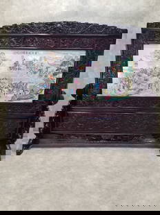 Antique Chinese Porcelain Ornate Rosewood Dragon Motif Frame Screen/Room Divider: Vintage from before 2000Read the full descriptionMaterials: hardwood, rosewood, porcelain, wood, ceramicWidth: 103
