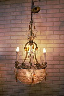 Antique French Victorian Chandelier With a Crystal Beaded Bowl: Vintage from before 2000Antique French Victorian Gilt Bronze Chandelier with 3 Arms Emanating from a Crystal Beaded