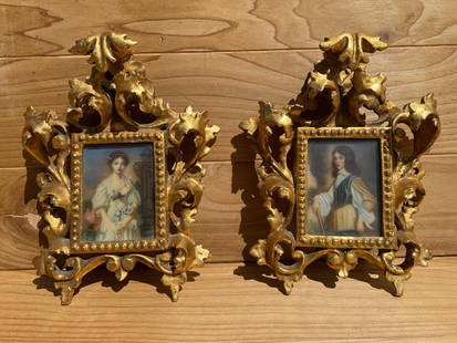 Antique Victorian Portrait on Hand-Painted Porcelain Plaque in a Carved Gilt Wood Frame - Set of 2: Vintage from before 2000 Antique Victorian Miniature Hand Painted Porcelain Portrait Plaque in a Carved Ornate Gilt Wood Frame - Set of 2 From the Victorian period, exquisite original miniature portra
