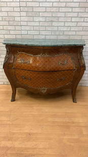 Antique French Louis XVI Marble Top Brass Ormolu Pot-Belly Bombe Commode Chest: Vintage from before 2000 Materials: walnut, marble, wood Width: 48.5 inches Height: 34 inches Depth: 21.5 inches Antique French Louis XVI Marble Top Brass Ormolu Surround Walnut Parquetry 2 Drawer Pot