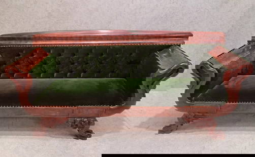 Antique Empire Style Swan Grecian Sofa Newly Upholstered in a Green Velvet: Vintage from before 2000 Antique Empire Style Mahogany Swan Grecian Sofa Newly Upholstered In a Green Velvet This antique classic Empire style carved mahogany tufted Grecian sofa has been newly uphols