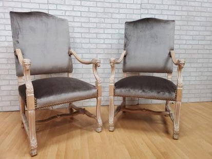 Antique French Carved Lions Head Armchairs Newly Upholstered - Pair: Vintage from before 2000 Antique French Carved Lions Head Armchairs Newly Upholstered in a High End "Rose Pewter" Silk Velvet and Trimmed with Large Antiqued Brass Nailheads - Pair Circa Early 20th Ce