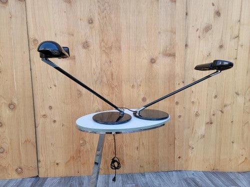 Postmodern Bruno Gecchelin for Arteluce Adjustable Desk Lamp ‘Ring’ - Pair: Vintage from before 2000 Postmodern Bruno Gecchelin for Arteluce Adjustable Desk Lamp ‘Ring’ - Pair Chic postmodern, high quality, dark pewter pair of heavy metal desk lamps by Bruno Gecch