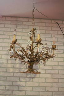 Hollywood Regency Italian Gold Gilt Tole White Porcelain Roses Chandelier: Vintage from before 2000 Vintage Hollywood Regency Six Faux Arm Candle Stick Lamps Tole Gold Gilt Wheat Shape Shaft Chandelier with White Floral Details The center shaft consists of winding rose vines