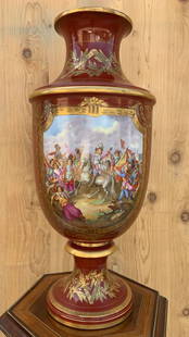 Antique Ovesized Red French Sevres Painted Porcelain Trumpet Vase: Vintage from before 2000 Materials: porcelain, ceramic Width: 16 inches Height: 32 inches Depth: 16 inches Late 19th Century Large Red French Sevres Painted Porcelain Trumpet Vase This amazing Sevres