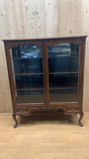 Antique Queen Anne Style Mahogany Glass Panel Bookcase/Display Cabinet: Vintage from the 19th century Materials: wood, glass, mahogany Width: 47.5 inches Height: 63.5 inches Depth: 14.5 inches Antique Queen Anne Style Mahogany Glass Panel 2-Door, 4-Shelf Bookcase/Display
