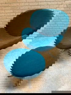 Mid Century Modern Swivel Lounge Chair and Ottoman Newly Upholstered - 2 Piece Set: Vintage from before 2000 Mid Century Modern Swivel Lounge Chair and Ottoman Newly Upholstered in a Teal Suede Circa 20th Century Dimentions: Chair W 30&#8221;D 22&#8221;H 33&#8221; Seat H 17&#8221; Ot