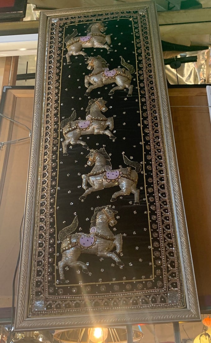 Vintage Thai Kalaga Burmese Framed Embroidered Sequined Horse Wall Hanging Tapestry (1 of 1)
