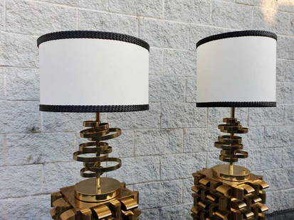 Designer Luciano Frigerio Style Brass Spiral Table Lamps with Custom Shades - Set of 2: Materials: Fabric Designer Luciano Frigerio Style Brass Spiral Table Lamps with Custom Braided Black Leather Trim Shades - Set of 2 The lamps and shades are slightly different. Light function and the