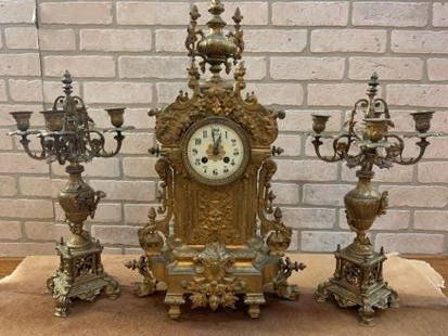 Antique Art Nouveau Brass Ornate Mantle Clock and 2 Candelabras - Garniture Set: Vintage from before 2000 Antique Art Nouveau Brass Ornate Mantle Clock and 2 Candelabras - Garniture Set This art nouveau brass mantel clock and 2 candelabras will dress up any home. This set boasts b