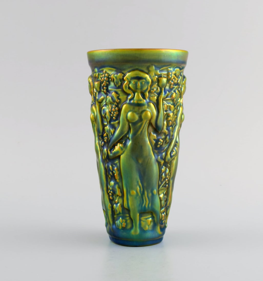 Zsolnay vase in glazed ceramics modeled with women picking grapes. Beautiful luster glaze. Mid-20th (1 of 6)