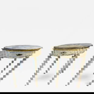Gustavian Pair of End, Side Tables, Swedish Paint Decorated, Fornasetti Style: Title: Gustavian Pair of End, Side Tables, Swedish Paint Decorated, Fornasetti Style Description: 18th/19th Century Gustavian pair of end, side tables. The pair having been later hand pained in the Pi
