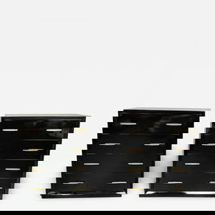 Pair of Mid Century Modern Ebony Lacquered Chests, Dressers, Brass, American: Title: Pair of Mid Century Modern Ebony Lacquered Chests, Dressers, Brass, American Description: Pair of Mid Century Modern Ebony Chests, Lacquered Dressers, Brass Pulls A Fine Pair of Recently Black