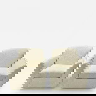 Pair of Mid-Century Modern Square White Boucle Rocking Lounge / Swivel Chairs: Title: Pair of Mid-Century Modern Square White Boucle Rocking Lounge / Swivel Chairs Description: Pair of Mid-Century Modern Square White Boucle Rocking Lounge / Swivel Chairs Square form chic mid-cen