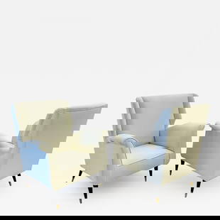 Mid-Century Modern Gio Ponti Style Armchairs, Wingback Chairs, Pair in Bouclé: Title: Mid-Century Modern Gio Ponti Style Armchairs, Wingback Chairs, Pair in Boucl&#233; Description: Mid-Century Modern Gio Ponti Style Armchairs, Wingback Chairs, Pair in Kravet Boucl&#233; These f