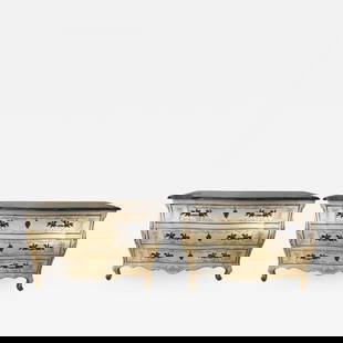 Pair of Painted Bombe Marble-Top Chests or Commodes by John Widdicomb: Title: Pair of Painted Bombe Marble-Top Chests or Commodes by John Widdicomb Description: John Widdicomb made in England pair of painted Bombe marble-top chests. Each chest with oak secondaries in the