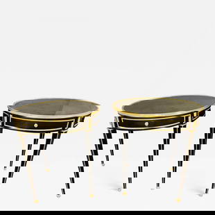 Hollywood Regency Ebony Bouillotte or End Tables, Manner Jansen Mirror Tops Pair: Title: Hollywood Regency Ebony Bouillotte or End Tables, Manner Jansen Mirror Tops Pair Description: A pair of Jansen style Louis XVI fashioned end or gueridon tables. Each having a bronze framed mirr