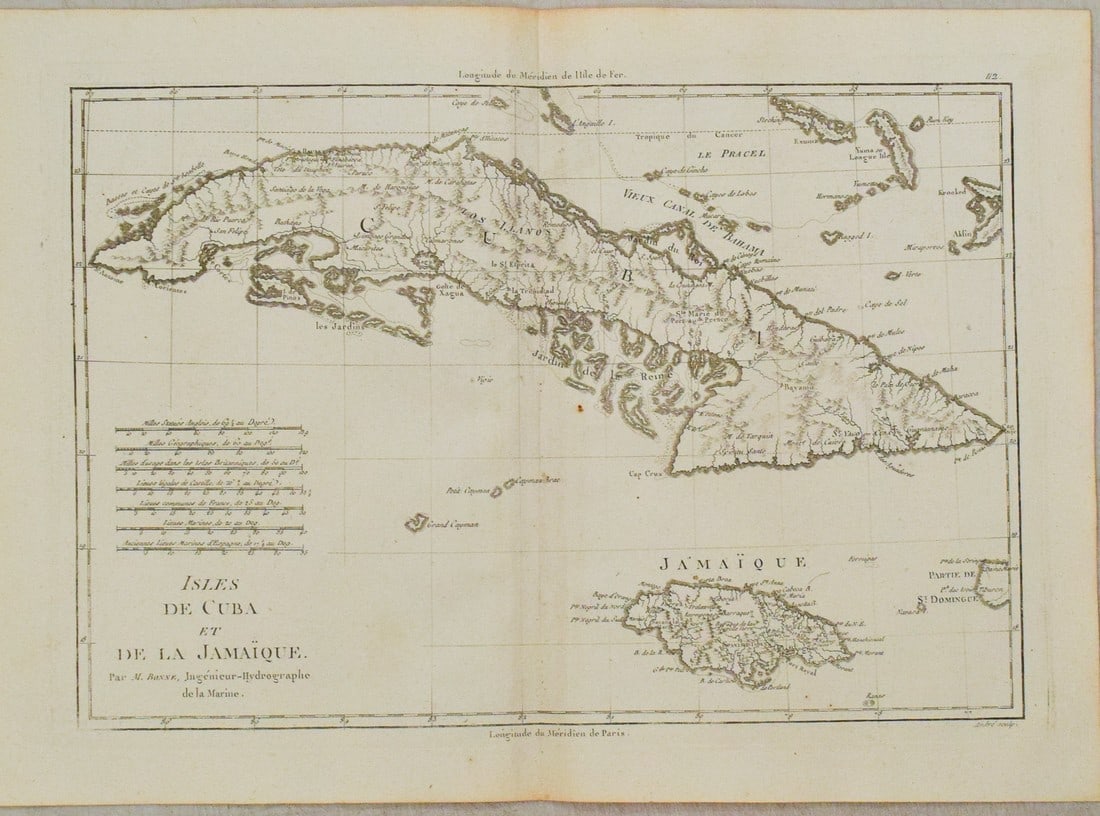 1787 Bonne Map of Cuba and Jamaica -- Isles de Cuba et de la Jamaique