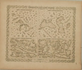 1856 Colton View of Lakes and Islands Globally -- Comparative Size Lakes, Islands