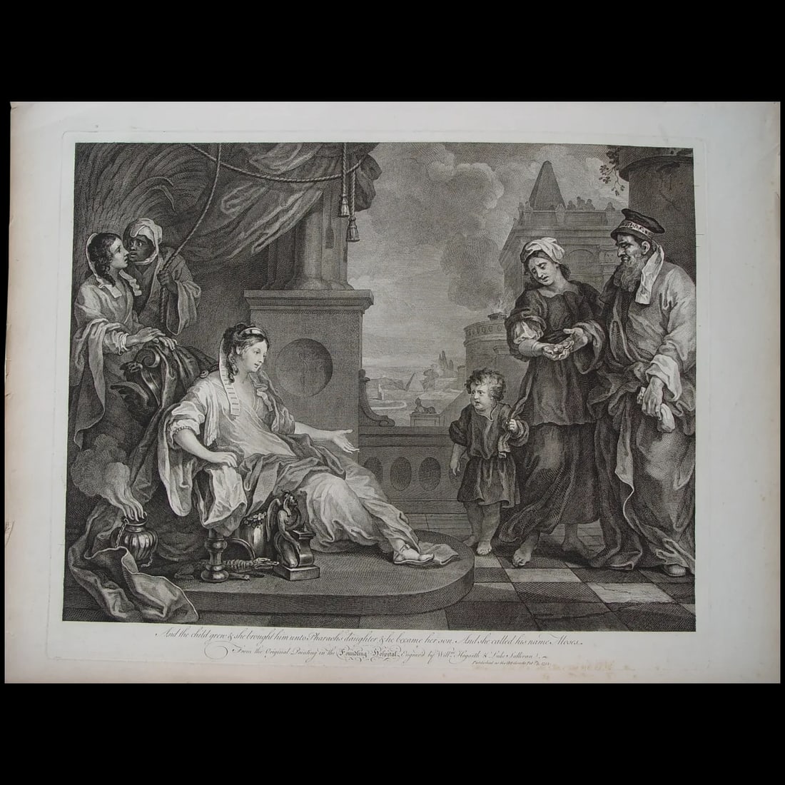 Moses Brought to Pharaoh's Daughter | Engraved and Painted by William Hogarth | Antique Biblical: Rare large-format antique engraving titled "Moses Brought to Pharaoh's Daughter", both painted and engraved by William Hogarth (1697–1764), the celebrated English artist known for his satirical